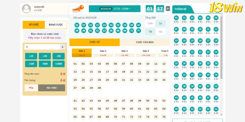 Một số kèo cược Keno dễ chơi tại 18Win